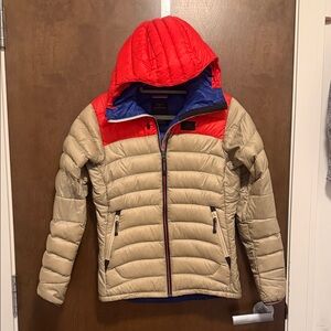 STATE OF ELEVENATE -Beige and Red Agile Ski Jacket Down Puffer Red Hood - Small